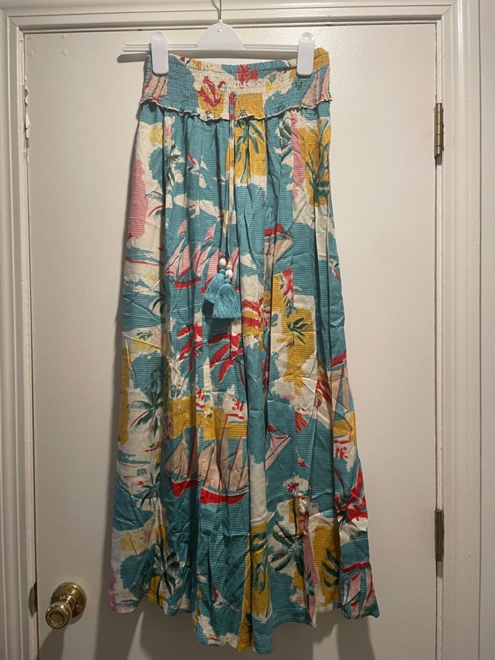 True Destinations Wide-Leg Boho Teal Tropical Print Pull On Pants